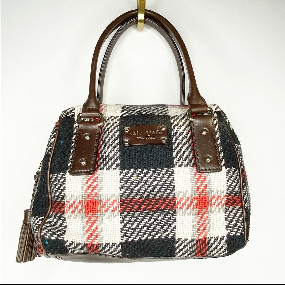 RARE Kate Spade Plaid Wool Satchel w/ Leather Trim